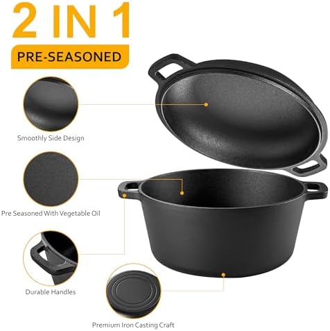 Velaze Cast Iron Dutch Oven with Skillet Lid, 2-in-1 Pre-Seasoned, 5QT - Image 5