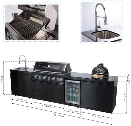 128'' LPG Outdoor Kitchen Island with Grill, 85000 BTU, 6-Burner, Black - Image 2