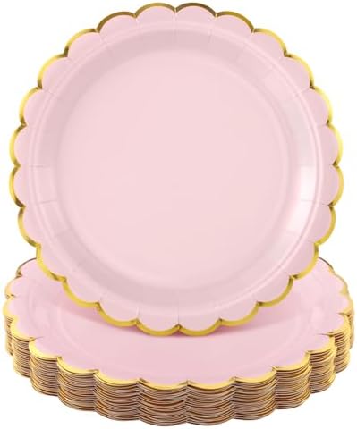 NatNarr 30 Pk Pink Gold Plates 9" Disposable Scalloped Pink Paper Plates by NatNarr