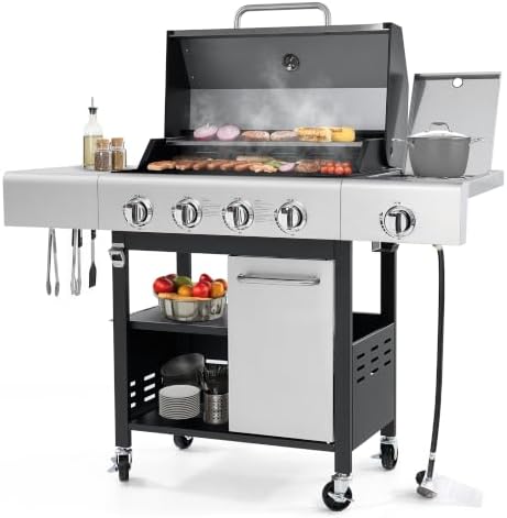 HUGROVE 50000 BTU 4-Burner Propane Gas Grill with Side Burner Silver by HUGROVE