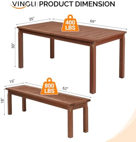 VINGLI 3-Piece Outdoor Dining Set, 69" Rectangular Wood Patio Table with 2 Benches, All-Weather Brown Fir Patio Furniture Set for Garden, Backyard, Lawn, Deck - Image 2