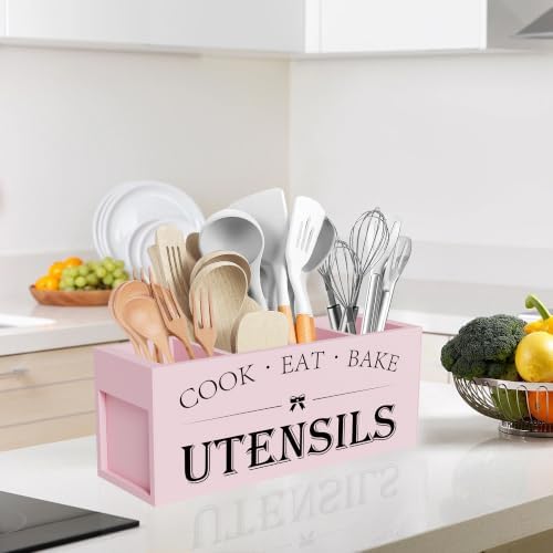 Suli Extra Large Utensil Holder Countertop for Kitchen Counter,Wood,Pink - Image 3
