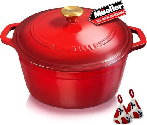 MUELLER HOME 7.5 QT Enameled Cast Iron Dutch Oven, Heavy-Duty Casserole Dish and Braiser Pan with Lid and Stainless Knob, Oven-Safe up to 500° F & Across All Cooktops, Red by MUELLERHOME