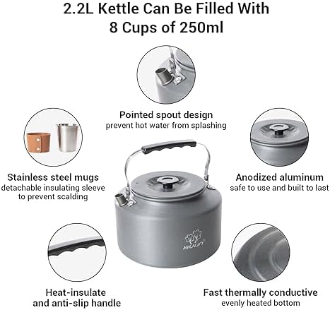 Bulin Camping Kettle, 2.2L Large Portable Camp Tea Coffee Pot With 4 Cups - Image 3