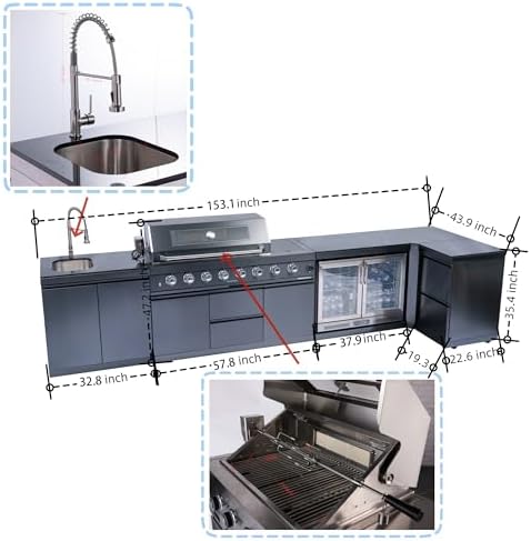 153-Inch 6-Burner Propane Gas L-Shaped Outdoor Kitchen Island Grill with 96000 BTU, 304 SS Construction, Wine Cooler, Rotisserie, Granite Countertops for Backyard Entertaining, Black - Image 2