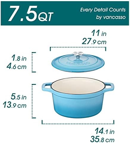 vancasso 7.5 Qt Round Enameled Cast Iron Dutch Oven with Lid, Blue - Image 2