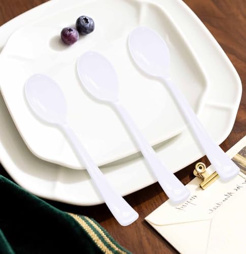 SietDESEO 50 PCS White Plastic Spoons Disposable Utensils Heavy Duty White Spoons Disposable Cutlery for Birthday Wedding Baby Shower Bridal Shower Plastic Silverware - Image 5
