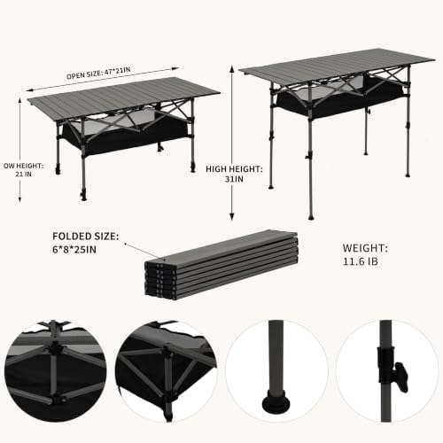 Portable Folding Camping Table, Adjustable Height, Black, 47 x 21 in - Image 2