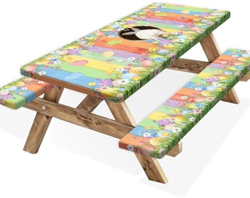 Easter Picnic Table Cover with Bench Covers, Cute Bunny Flower Colorful Wooden Board Camping Tablecloth, Waterproof Windproof, Fitted Tablecloth Cover with Elastic Edge, for Outdoor, 3 PCS, 30x72 Inch by Xguatan
