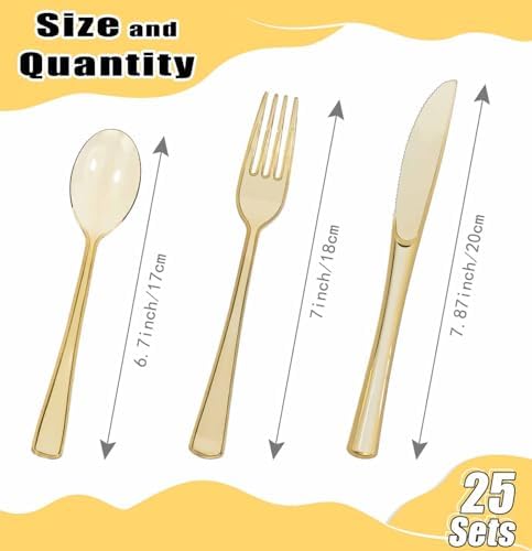 HEIPINIUYE 75 Pack Brown Clear Plastic Cutlery Heavy Duty Clear Brown Plastic Knives Forks and Spoons Disposable Silverware Set for 25 Guest Camping Birthday Baby Shower Party Utensil Set - Image 3