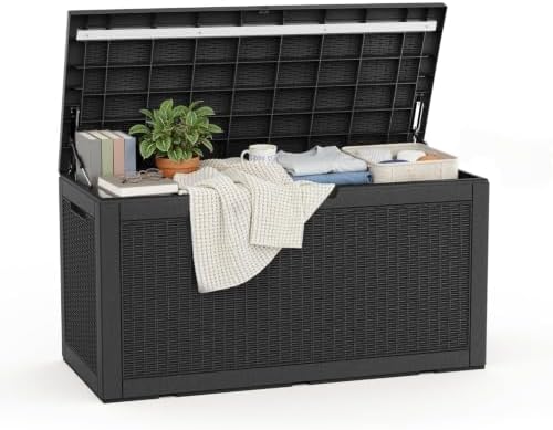 ROJIK Outdoor Storage Housing Deck Box - Waterproof Patio Furniture, Garden Tools, Cushions, Pool Accessories Storage Bench with Lockable Lid and Side Handles (Black 110 Gal) by ROJIK