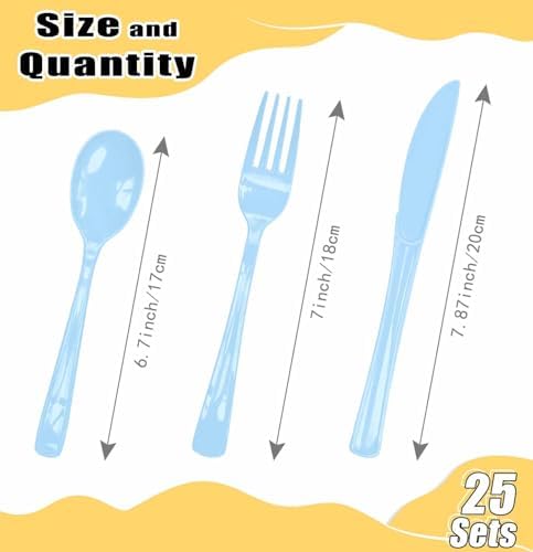 HEIPINIUYE 75 Pack Light Blue Plastic Cutlery Heavy Duty Baby Blue Plastic Knives Forks and Spoons Disposable Silverware Set for 25 Guest Camping Birthday Baby Shower Party Cutlery Set - Image 3