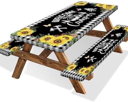 Sunflower Plaid Picnic Table Cover with Bench Covers and Bag, Camping Essentials, Checkered Floral Waterproof Windproof, Fitted Tablecloth Cover with Elastic Edge, Garden & Outdoor, 3 PCS, 30x72 Inch by Xguatan