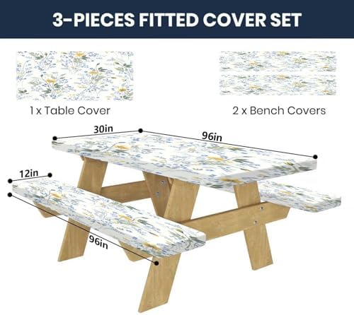 CAPSCEOLL Picnic Table Cover with Bench Covers 8ft - Blue Yellow Flowers - Image 2
