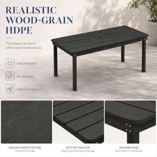 67" Rectangular Outdoor Dining Table, All-Weather HDPE Patio Table for 6-8 Person, Large Composite Wood Furniture with Umbrella Hole for Backyard Deck Garden Poolside, Black - Image 5
