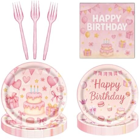 65Pcs Pink happy birthday cake plate napkin, girl birthday party theme by Exquisitehighqualitypartydecorationstomeetyoureveryneed%EF%BC%81