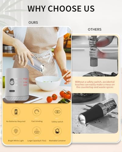 CIRCLE JOY Gravity Electric Salt and Pepper Grinder Set with 2-Speed, Rechargeable Salt and Pepper Grinder Set, Adjustable Coarseness, Whiet LED Light - Image 4