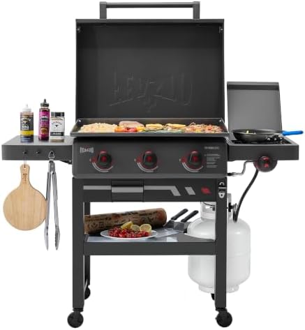 Feasto 28-Inch 3 Burner Propane Flat Top Grill with Hood and Side Burner by Idealforcook