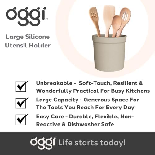 Oggi Silicone Utensil Holder for Kitchen Countertop, 6" x 6" Large Utensil Crock with Reinforced Rim, Food-Grade Unbreakable Silicone Kitchen Tool Holder & Countertop Organizer, Taupe - Image 7