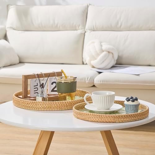 Round Rattan Tray with Mother of Pearl Inlay, Rattan Serving Tray with Wooden Base, Decorative Wicker Basket for Table Decor, Storage and Display of Coffee Bread Food Fruit (Leaf 13.5") - Image 4