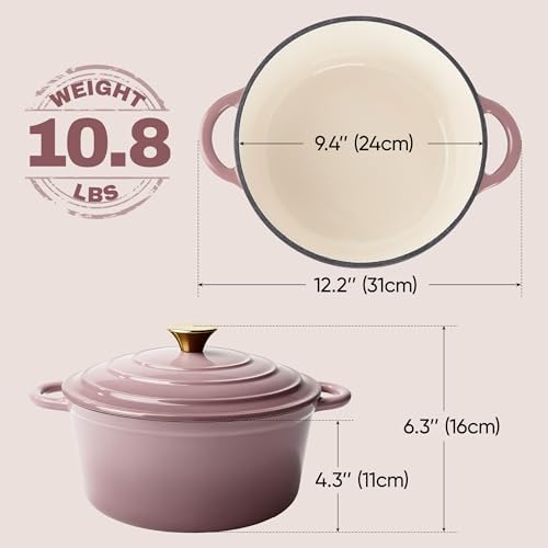 Vintage Style 4.5 Quart Dutch Oven Pot with Lid, Non Stick Enameled Cast Iron Dutch Oven for Bread Baking, Heavy-Duty, Oven Safe Ceramic Cookware Up to 500°F for Baking, Braising, Stews, Roasting, Pink - Image 4