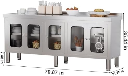 70" Stainless Steel Table Cabinet Heavy Duty Prep Table with 304 Stainless Steel Worktop and 5 Glass Doors Commercial Worktable Workbench with Storage Cabinet for Kitchen Garage Restaurant Outdoor - Image 6