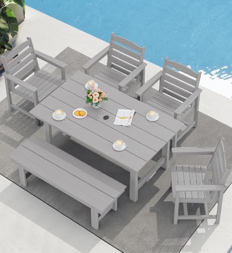 SERWALL Outdoor Dining Set, Patio Dining Set with Bench, Light Gray by SERWALL
