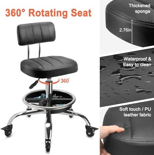 Garage Mechanic Stool with Backrest, Height Adjustable Heavy Duty Swivel Task Chair, Rolling Workshop Stool with Tool Tray Storage, Mechanic Chair for Garage, Shop, Auto Repair (Black) - Image 3