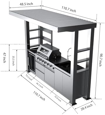 110-Inch 4-Burner 72000 BTU Propane Gas Grill Island with Shed, 304 Stainless Steel Silver, Outdoor Kitchen with Wine Cooler, Rotisserie, Granite Countertops & Sink for Backyard BBQ, Silver - Image 2