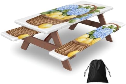 Wicker Basket with Lemons Hydrangeas Outdoor Table Cover by Unknown