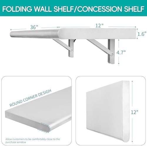 Concession Shelf 36"L x 12"W，22 gauge ASTM 304 Stainless Steel Folding Serving Food Shelf ，Wall Mount Shelving , Stainless Steel Shelf For Food Truck, grill area,BBQ working table, Restaurant .NSF - Image 2