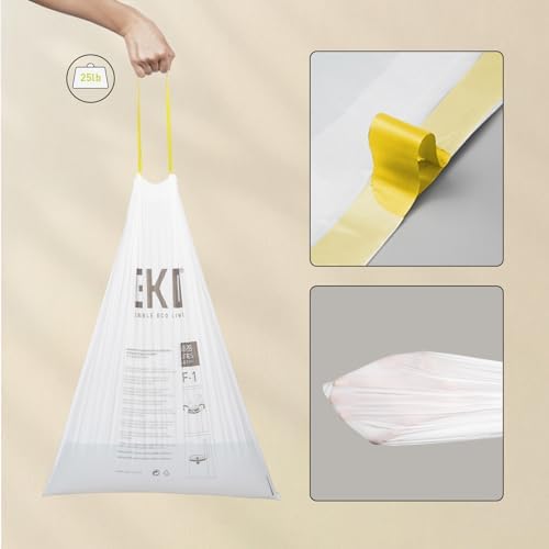 EKO 8 Gallon / 30.3 Liter, 60 Count Drawstring Trash Bags, Extra-Strong Unscented Garbage Bags, Easy-Dispense Roll for Kitchen & Household Use, Resists Tears, Leaks and Punctures, Code F-1, White - Image 2