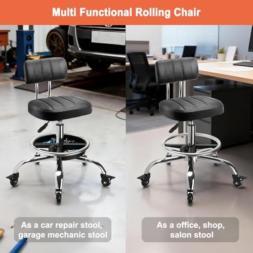 Garage Mechanic Stool with Backrest, Height Adjustable Heavy Duty Swivel Task Chair, Rolling Workshop Stool with Tool Tray Storage, Mechanic Chair for Garage, Shop, Auto Repair (Black) - Image 5