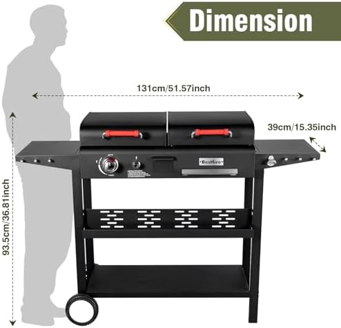 Propane Gas Griddle Charcoal Grill Combo Flat Top Griddle W/Dual Lids & 2 Side Shelves Dual Fuel BBQ Grill for Outdoor Barbecue - Image 6