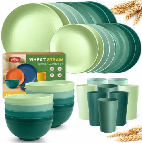 Teivio 32-Piece Kitchen Plastic Wheat Straw Dinnerware Set, Service for 8, Dinner Plates, Dessert Plate, Cereal Bowls, Cups, Unbreakable Colorful Plastic Outdoor Camping Dishes, Green Ombre by Teivio