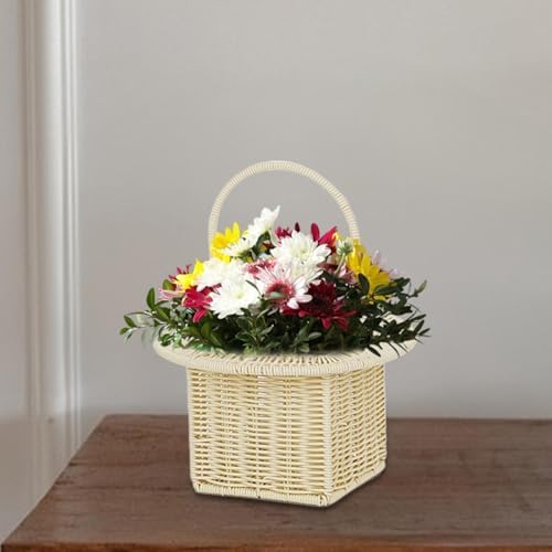 Storage Basket Organizer for Dining Table with Handle Multifunctional Picnic Basket, Beige Round - Image 4