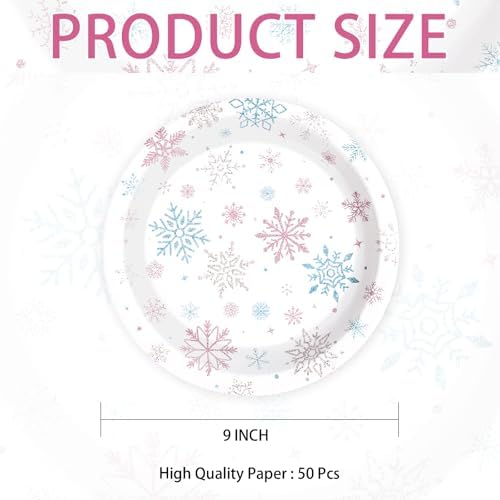 50Pcs Frozen Snowflake Party Decorations 9 Inch Disposable Winter Snowflake Wonderland Paper Plates Pink Blue Snow Wonderland Dessert Plates for Girls Xmas Baby Shower Holiday Birthday Party Supplies - Image 3