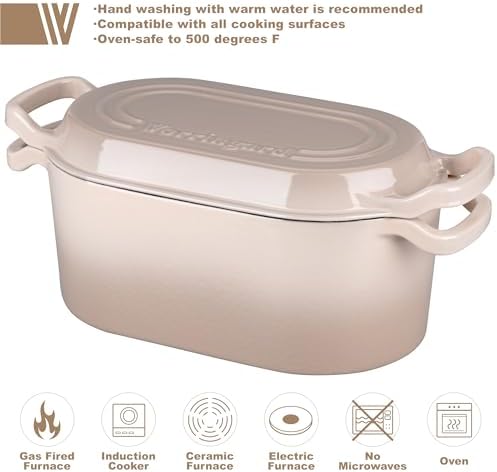 VORRINGARD Oval Dutch Oven Pot with Lid, Enamel Coating Cast Iron Bread Pans for Homemade Sourdough Bread Baking, Cooking, 4 Quart, Latte - Image 3