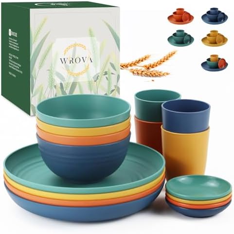 Wrova Wheat straw plates and bowls sets of 16 - Unbreakable wheat straw dinnerware sets for kids - Alternative plastic dinnerware set service for 4 - Microwave safe and Dishwasher safe bowls. Colorful by WROVA