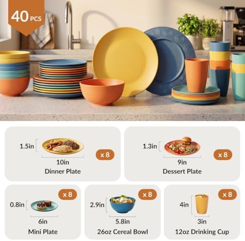 40-Piece Unbreakable Plastic Wheat Straw Dinnerware Set - Multi Color, 8-Person Dish Set for Dinner, Plates, Bowls, Cups & Appetizer Plates - Perfect for Outdoor Camping - Image 2
