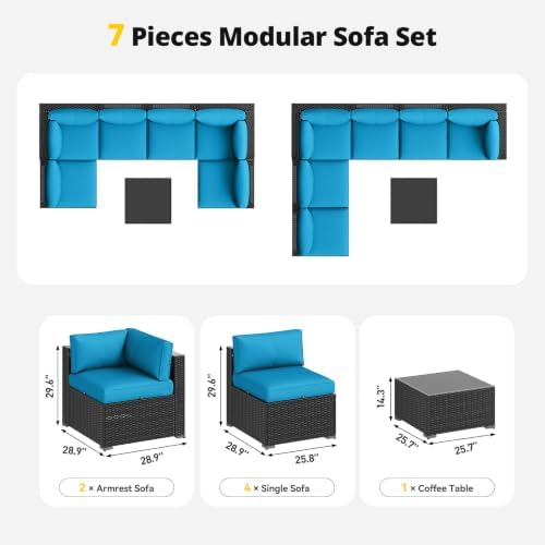 Aoxun Patio Furniture Set with Umbrella, 8 Piece Outdoor Sectional Sofas, Wicker Rattan Outdoor Furniture with Thickened Cushion for Backyard, Garden Peacock Blue - Image 6