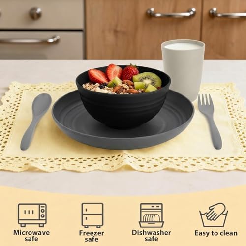 20 PCS Wheat Straw Plates and Bowls Sets,Kids Dishes Dinnerware Sets for 4,Unbreakable Kitchen Plates and Bowls Set for Travel Dishwasher & Microwave Safe Lightweight Dishes Set - BlackGrey - Image 3