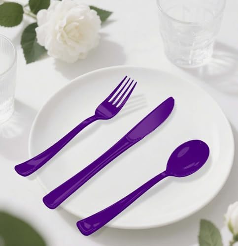 HEIPINIUYE 75 Pack Purple Plastic Cutlery Heavy Duty Purple Plastic Knives Forks and Spoons Disposable Silverware Set for 25 Guest Camping Birthday Baby Shower Party Cutlery Set - Image 7