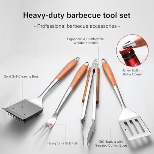 Heavy-Duty Wood BBQ Grilling Accessories Tools Set, Premium Thickened Stainless Steel Barbecue Utensils for Outdoor Grilling - Image 3