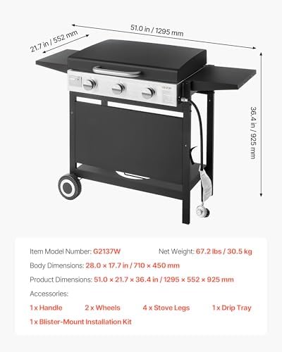 VEVOR Gas Griddle, 3-Burner Flat Top Grill, Propane Griddle with Wheels, Lid, 33000 BTU Outdoor Flat Top Grills for Pan-Frying, Grilling, Stir-Frying, & BBQ, Pulse Ignition, Removable Top Design - Image 7