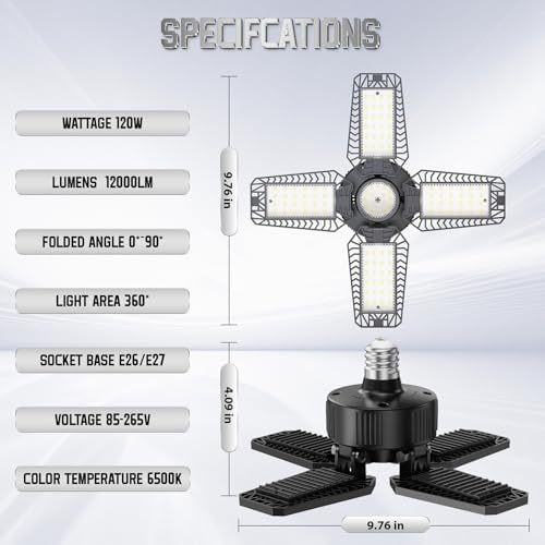 Garage Lights 6 Pack 120W, 12000LM LED Garage Lights with 4+1 Deformable Panels 6500K Screw in LED Shop Lighting for Workshop, Basement Support E26/E27 - Image 6