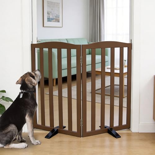 Freestanding Dog Gate Indoor,Doggie Gate Foldable Pet Gates for Doorways,Stairs or Hallways, Wooden Brown Pet Gate for the House, Pet Fence with Support Feet Included,32 "Height-2 Panels by SFJC