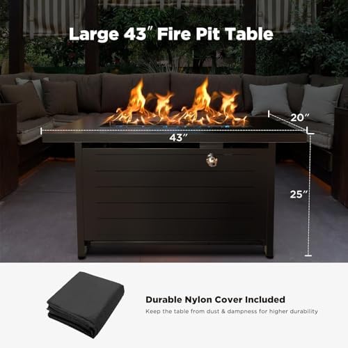 Ciays 43″ Propane Fire Pit with Glass Beads & Lid, 60,000 BTU CSA-Certified Gas Fire Pits with Cup Holders, Hanging Shelf & Nylon Cover, Large Fire Pit Table for Patio/Porch/Deck, Black - Image 6
