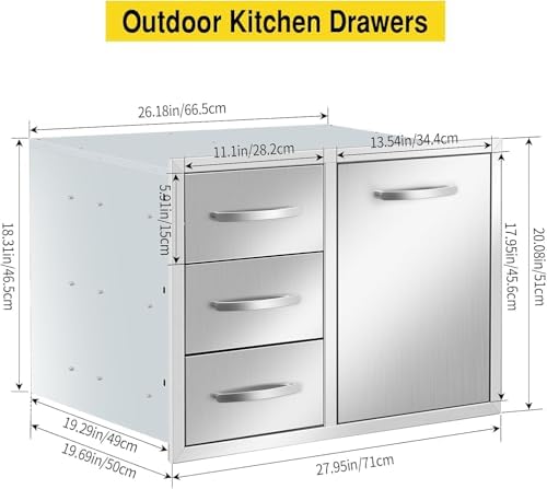 Outdoor Kitchen Drawer Combo Cabinet Outdoor Kitchen Stainless Steel Trash Triple Drawers For BBQ Island Grill Station (Drawer Combo-28Wx20.1Hx19.7D with Handles) - Image 3