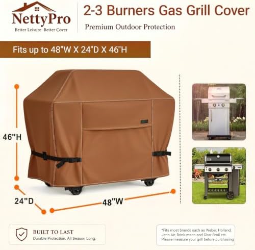 NettyPro Grill Cover Heavy Duty Waterproof 48 inch, Outdoor 2-3 Burners Gas BBQ Cover for Outside Weber, Char-Broil, Brinkmann, Nexgrill Barbecue, Brown - Image 6